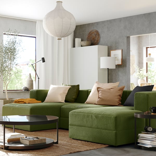 JÄTTEBO - 3.5 seater sofa with chaise-longue, armrests Samsala/dark yellow-green ,
