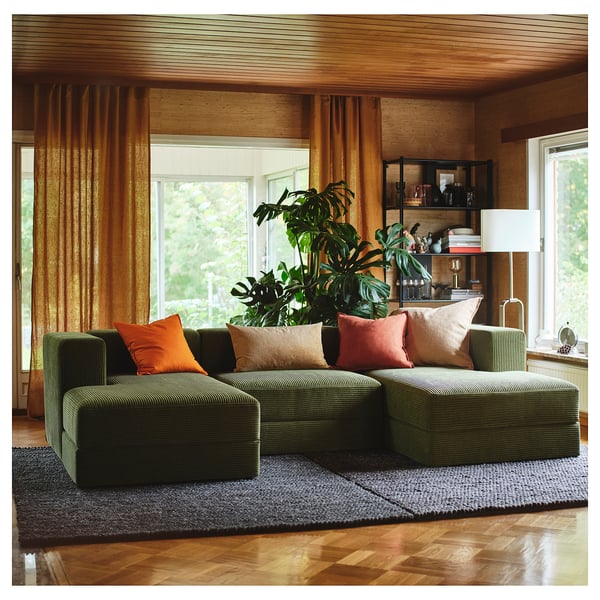 JÄTTEBO - 3.5 seater sofa with chaise-longue, armrests Samsala/dark yellow-green ,