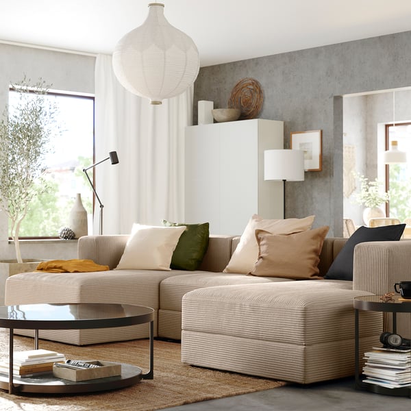 JÄTTEBO 3,5-seat mod sofa w chaise longues, armrests/Samsala grey-beige, 285x71x160 cm