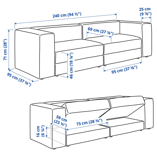 JÄTTEBO 3-seat modular sofa, Tonerud grey, 240x71x95 cm