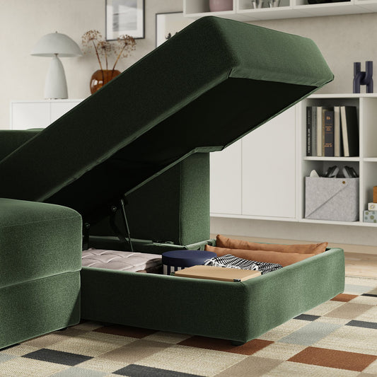 JÄTTEBO u-shaped sofa, 7-seat, with chaise longue, right with headrests/Johanneshov dark green