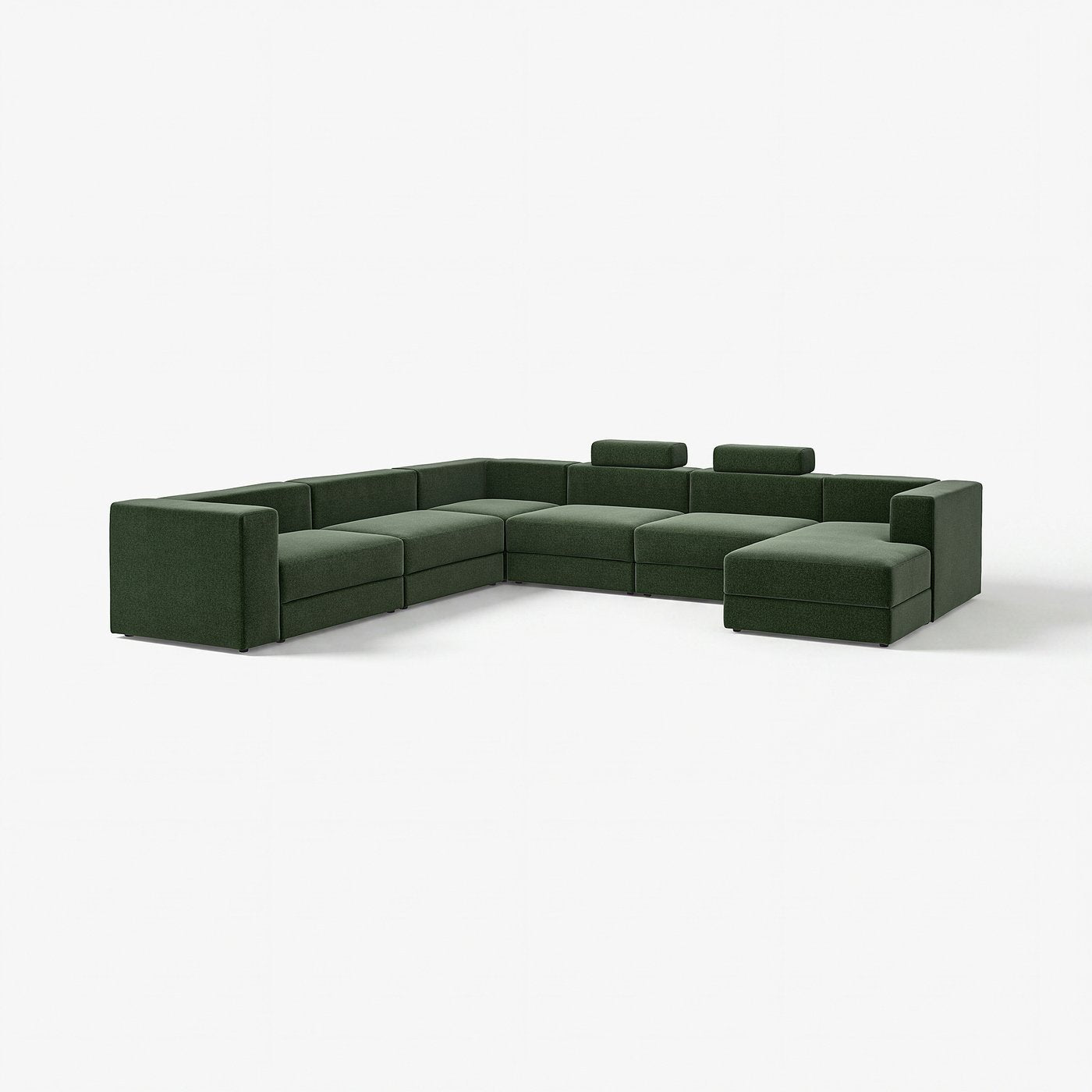 JÄTTEBO u-shaped sofa, 7-seat, with chaise longue, right with headrests/Johanneshov dark green