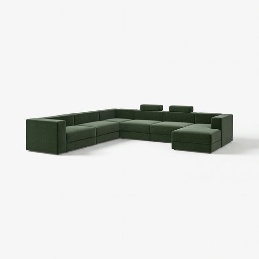 JÄTTEBO u-shaped sofa, 7-seat, with chaise longue, right with headrests/Johanneshov dark green