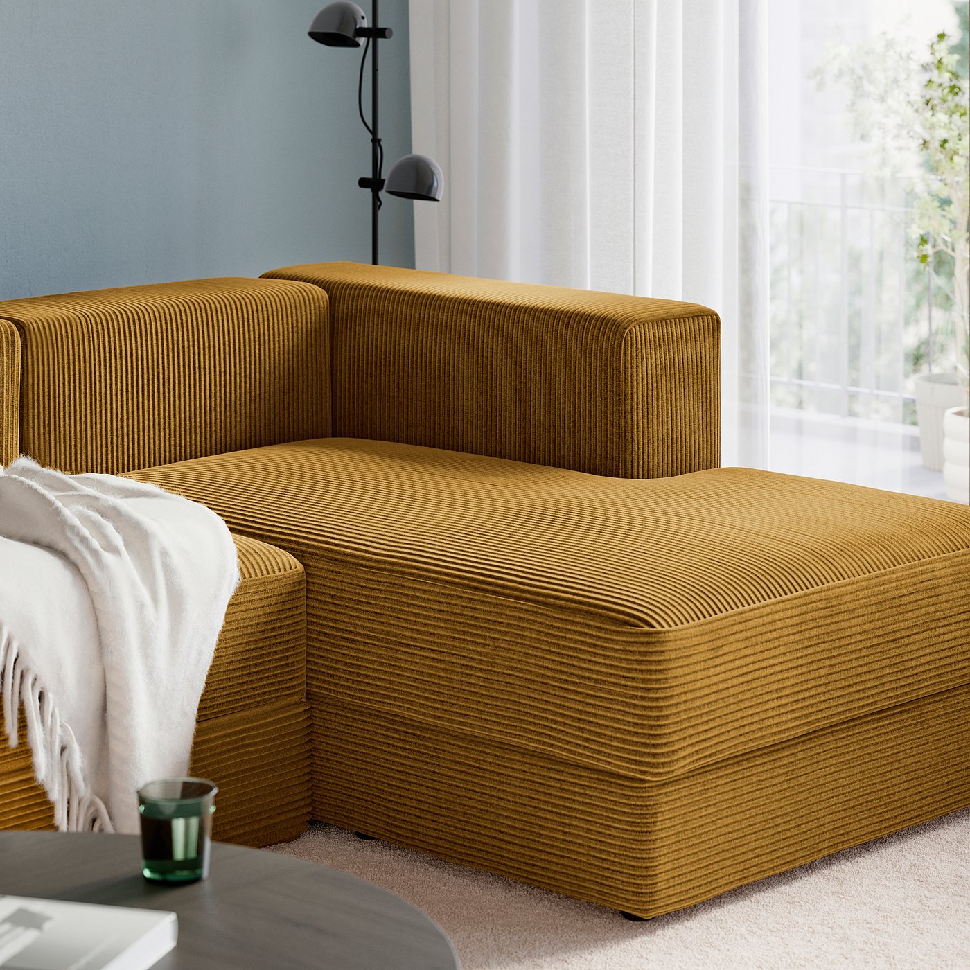 JÄTTEBO u-shaped sofa, 7-seat, with chaise longue, right with headrests/Samsala yellow-brown