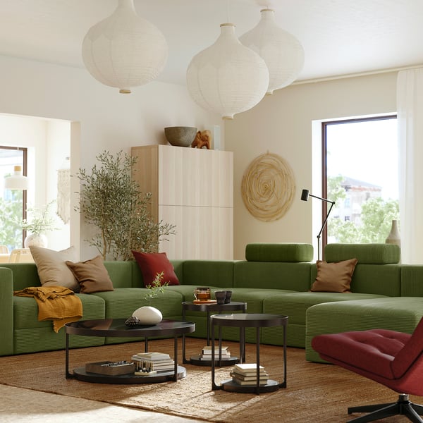 JÄTTEBO u-shaped sofa, 7-seat, with chaise longue, right with headrests/Samsala dark yellow-green, 25x87x95 cm