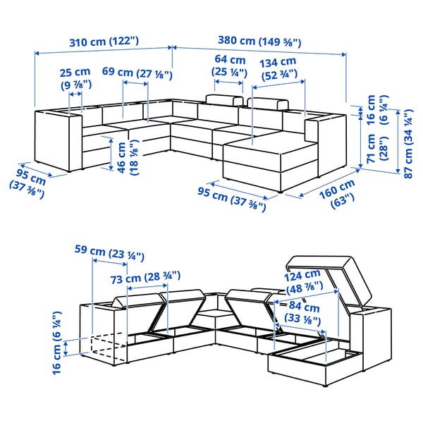 JÄTTEBO u-shaped sofa, 7-seat, with chaise longue, right with headrests/Samsala dark yellow-green, 25x87x95 cm