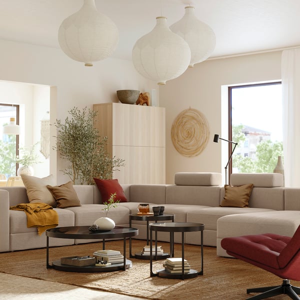 JÄTTEBO - 7-seater U-shaped sofa with chaise-longue, right with headrest/Samsala grey/beige ,