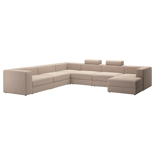 JÄTTEBO - 7-seater U-shaped sofa with chaise-longue, right with headrest/Samsala grey/beige ,