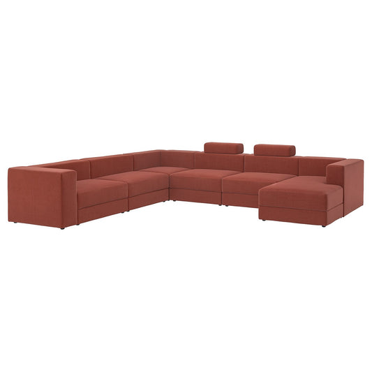 JÄTTEBO u-shaped sofa, 7-seat, with chaise longue, right with headrests/Samsala brown-red