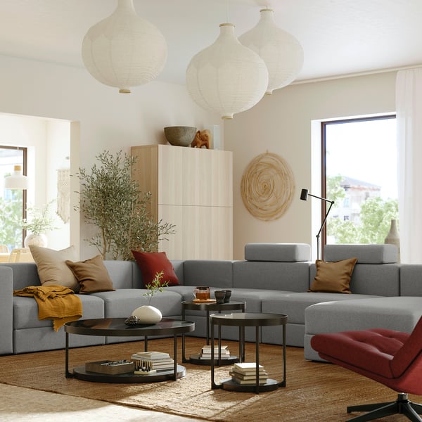JÄTTEBO - 7-seater U-shaped sofa with chaise-longue, right with headrest/Tonerud grey ,