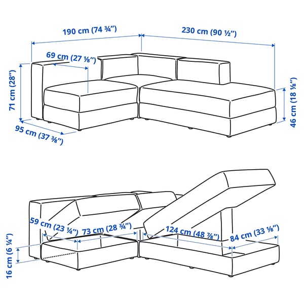 JÄTTEBO mod crnr sofa 2,5-seat w chaise lng, right/Tonerud grey, 190x71x65 cm