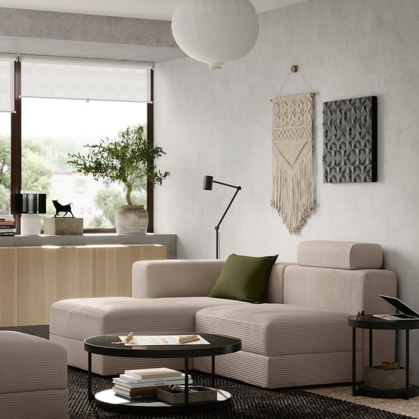 JÄTTEBO - 2.5 seater comp sofa/chaise-longue, left with headrest/Samsala grey/beige ,
