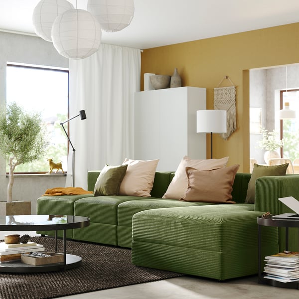 JÄTTEBO 4,5-seat mod sofa w chaise longue, right/Samsala dark yellow-green, 330x71x160 cm