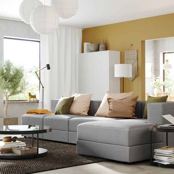 JÄTTEBO 4,5-seat mod sofa w chaise longue, right/Tonerud grey, 330x71x160 cm
