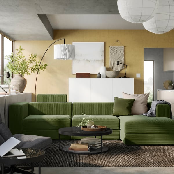 JÄTTEBO - 4-seater comp sofa/chaise-longue, right with headrest/Samsala dark yellow-green ,