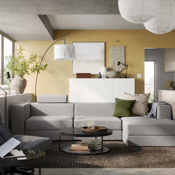 JÄTTEBO - 4-seater comp sofa/chaise-longue, right with headrest/Tonerud grey ,