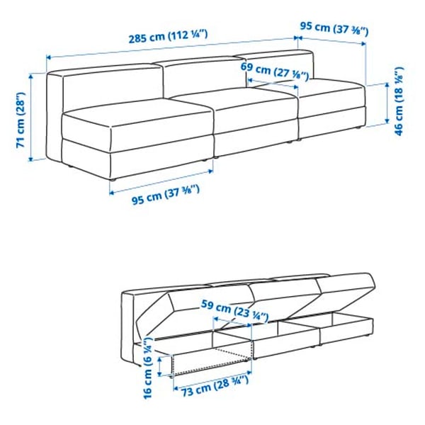 JÄTTEBO 4,5-seat modular sofa, Tonerud grey, 285x71x95 cm