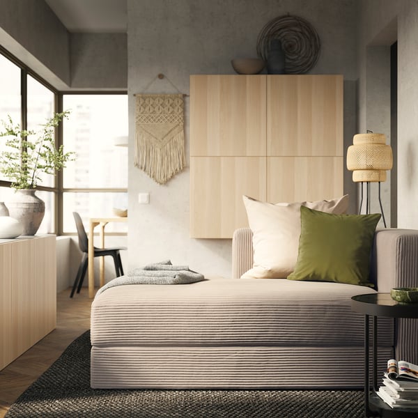 JÄTTEBO chaise longue module, left, with armrest/Samsala grey-beige, 95x71x160 cm