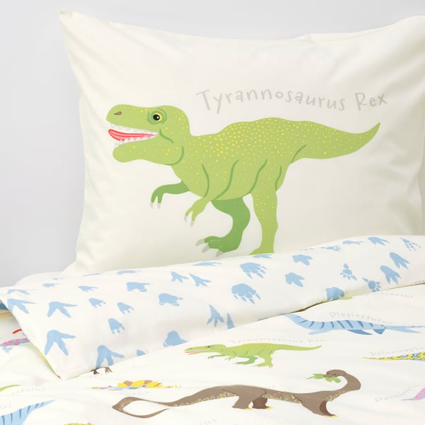 JÄTTELIK - JÄTTELIK Duvet cover and pillowcase, Dinosaurs/white, 150x200/50x80 cm