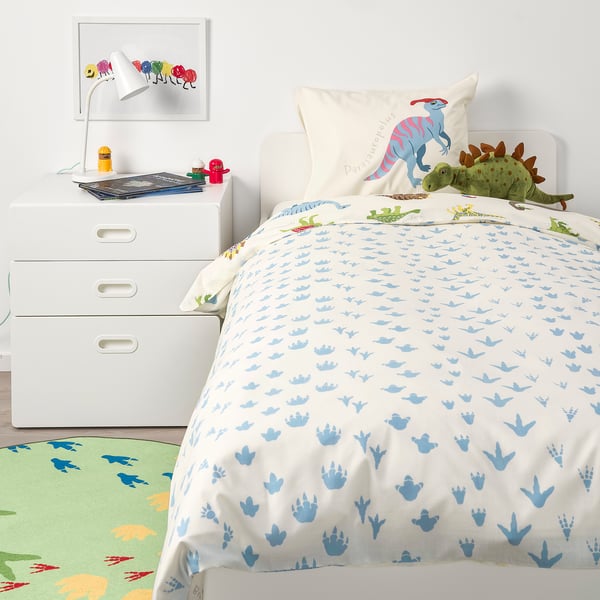 JÄTTELIK duvet cover and pillowcase, Dinosaurs/white, 150x200/50x80 cm