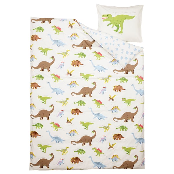 JÄTTELIK duvet cover and pillowcase, Dinosaurs/white, 150x200/50x80 cm