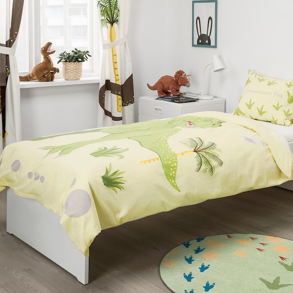 JÄTTELIK - Duvet cover and pillowcase, Tyrannosaurus Rex/Triceratops/yellow, 150x200/50x80 cm