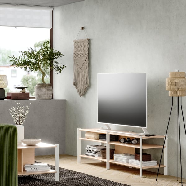 JÄTTESTA - JÄTTESTA TV bench, white/light bamboo, 160x40x49 cm