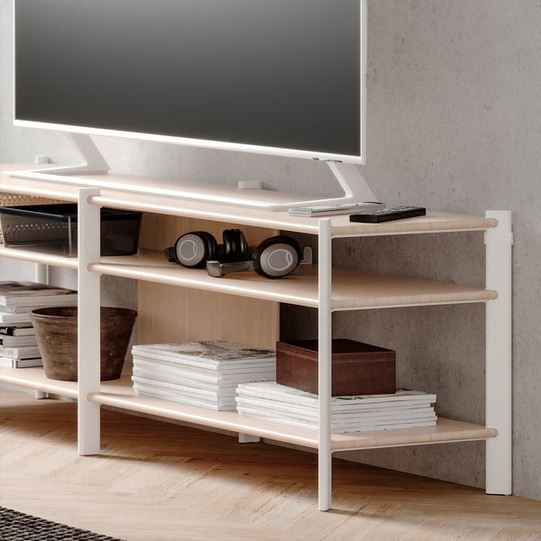 JÄTTESTA - JÄTTESTA TV bench, white/light bamboo, 160x40x49 cm
