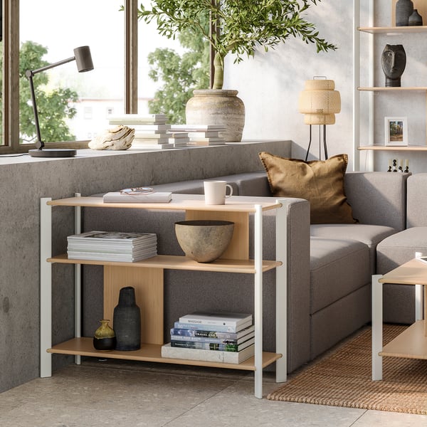 JÄTTESTA - JÄTTESTA Side table, white/light bamboo, 95x30 cm