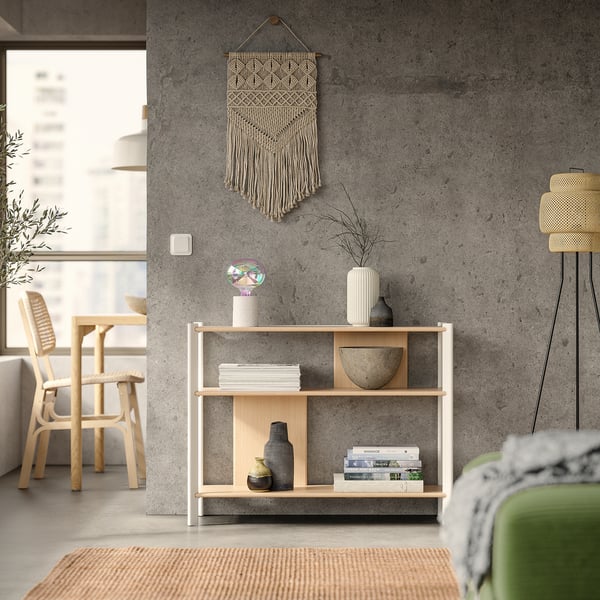 JÄTTESTA - JÄTTESTA Side table, white/light bamboo, 95x30 cm