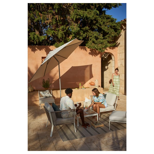 JOGGESÖ / IGGÖN parasol with base, tilting light grey-beige/dark grey, 300 cm