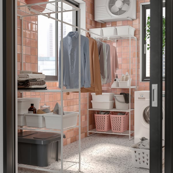 JOSTEIN - Shelving unit with clothes rail, indoor / outdoor / white metal wire,81x166/270x180 cm
