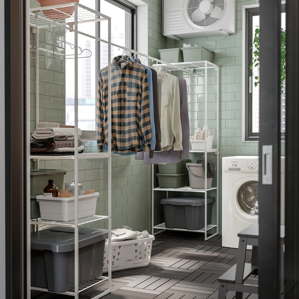 JOSTEIN - Shelving unit with clothes rail, indoor / outdoor / white metal wire,61x166/270x180 cm