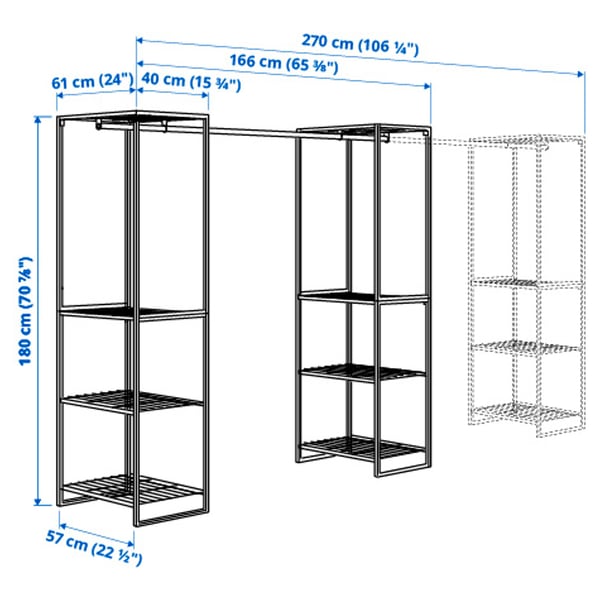 JOSTEIN - Shelving unit with clothes rail, indoor / outdoor / white metal wire,61x166/270x180 cm