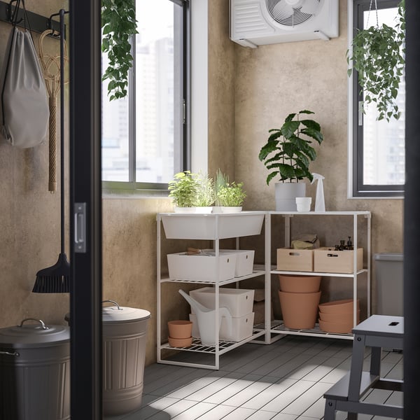 JOSTEIN shelving unit with container, in/outdoor/white, 122x102x90 cm