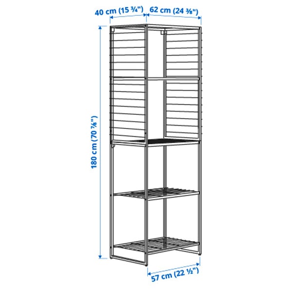 JOSTEIN shelving unit with grid, in/outdoor/wire white, 62x40x180 cm