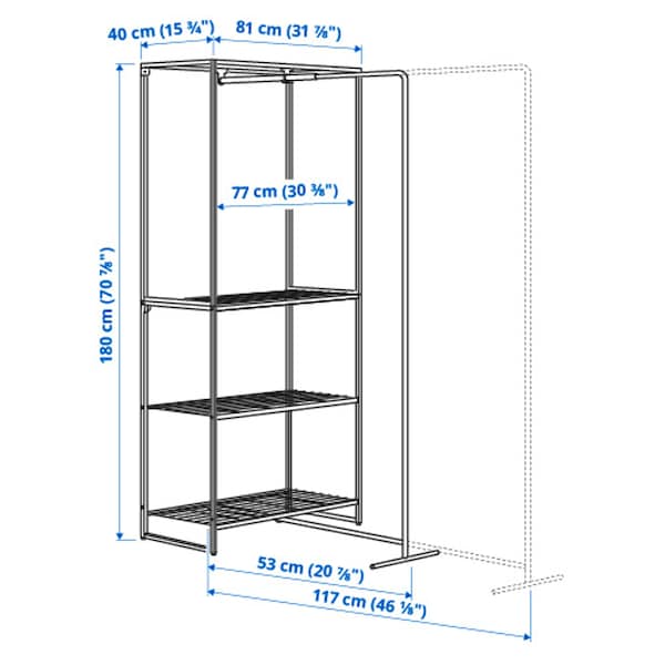 JOSTEIN - Shelf with clothes rack, indoor/outdoor/white metal wire, 81x53/117x180 cm