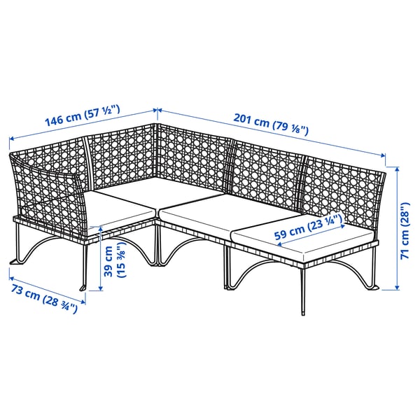 JUTHOLMEN modular corner sofa 3-seat, outdoor, dark grey/Kuddarna light grey-beige, 146x71x73 cm