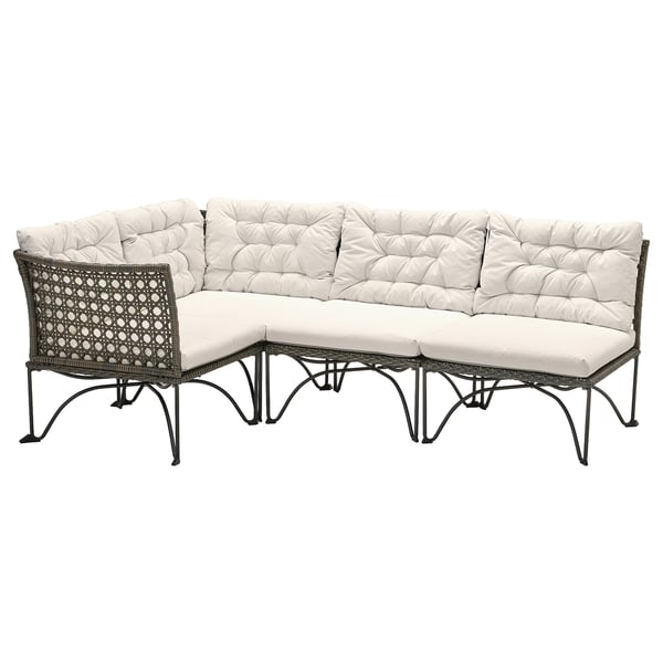 JUTHOLMEN modular corner sofa 3-seat, outdoor, dark grey/Kuddarna light grey-beige, 146x83x73 cm