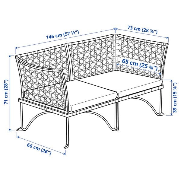 Ikea JUTHOLMEN - 2-seater sectional sofa, outdoor, dark gray/Kuddarna light gray-beige,146x73 cm