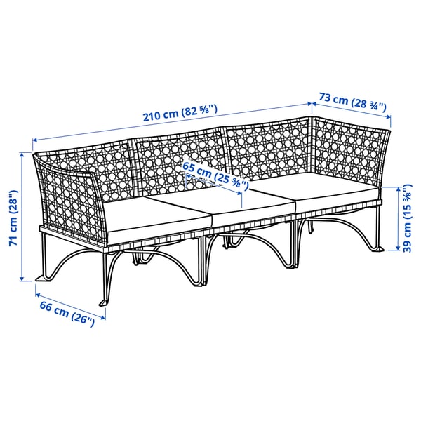 JUTHOLMEN 3-seat modular sofa, outdoor, dark grey/Kuddarna light grey-beige, 210x71x73 cm