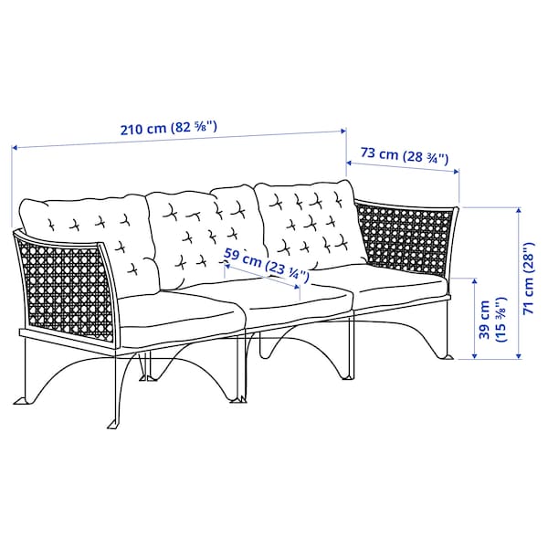 Ikea JUTHOLMEN - 3-seater sectional sofa, outdoor, dark gray/Kuddarna light gray-beige,210x73 cm