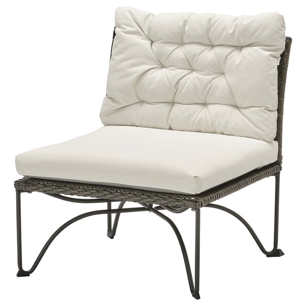 JUTHOLMEN easy chair, outdoor, dark grey/Kuddarna light grey-beige, 65x73x83 cm