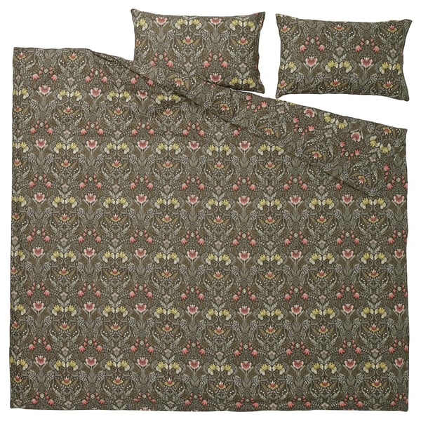 KÄRRDUNÖRT - KÄRRDUNÖRT Duvet cover and 2 pillowcases, dark green/multicolour, 240x220/50x80 cm