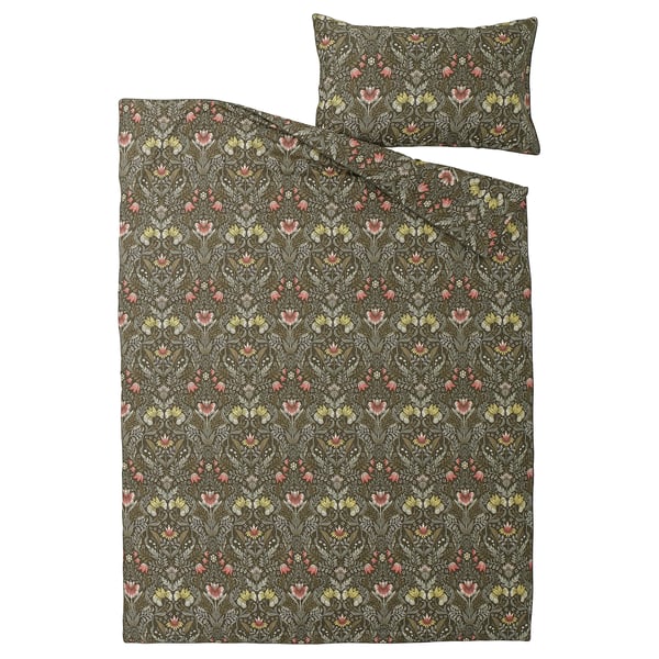 KÄRRDUNÖRT - KÄRRDUNÖRT Duvet cover and pillowcase, dark green/multicolour, 150x200/50x80 cm