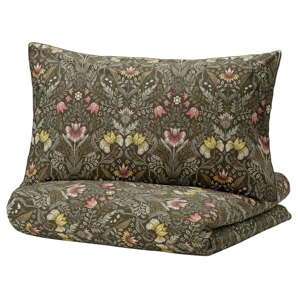 KÄRRDUNÖRT - KÄRRDUNÖRT Duvet cover and pillowcase, dark green/multicolour, 150x200/50x80 cm