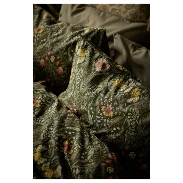 KÄRRDUNÖRT duvet cover and pillowcase, dark green/multicolour, 150x200/50x80 cm