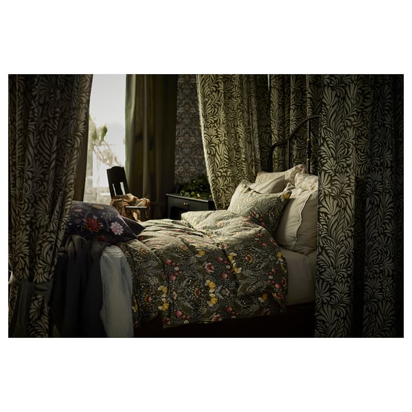 KÄRRDUNÖRT - KÄRRDUNÖRT Duvet cover and pillowcase, dark green/multicolour, 150x200/50x80 cm