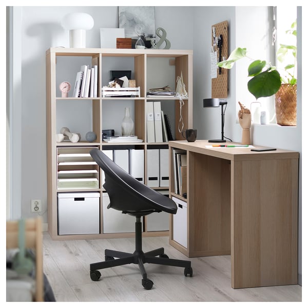 KALLAX / ELDBERGET desk and chair, white stained oak effect/dark grey black