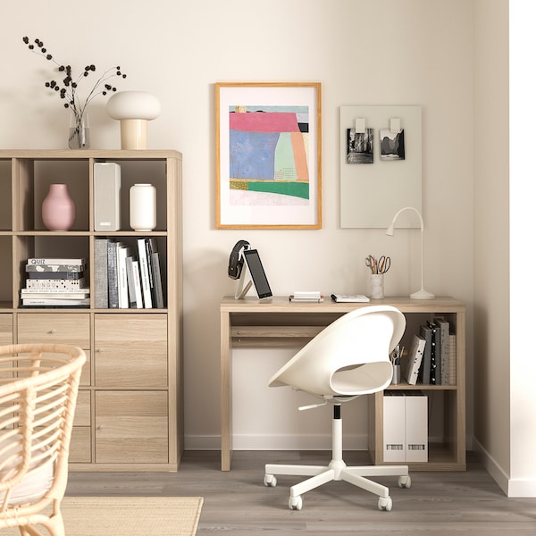 KALLAX / LOBERGET - Desk and chair, white stained oak effect/white